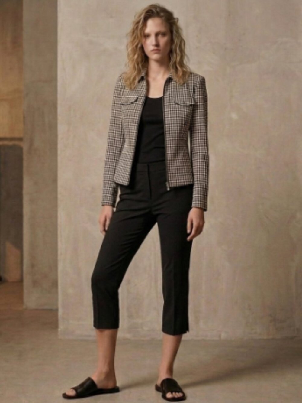 Lana Sport Gingham Zip Up Jacket Blazer Black White Plaid Sz 16 Stretch Cotton